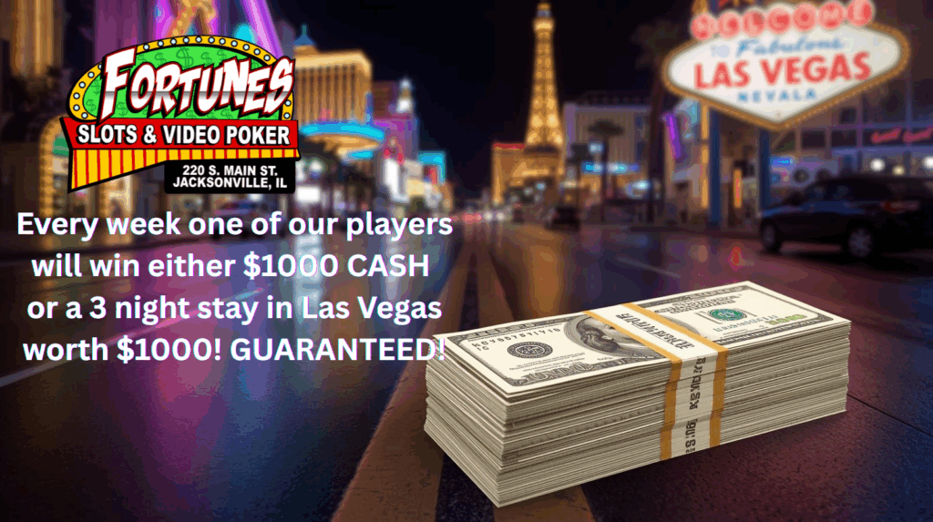 every week one of our players will win either $1000 cash or a 3 night stay in las vegas worth $1000! guaranteed!